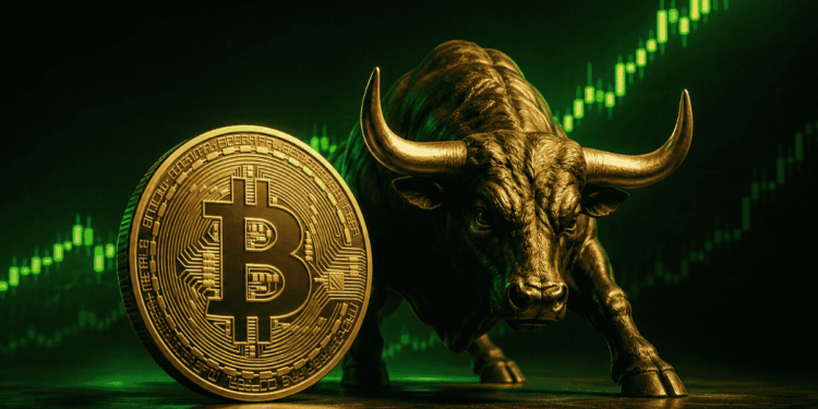 Moneda de bitcoin, toro y un gráfico verde ascendente.