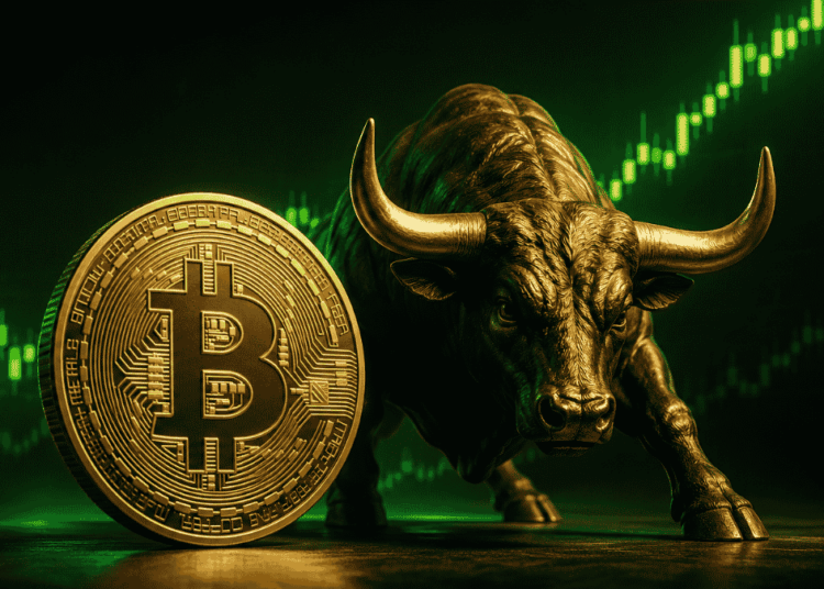 Moneda de bitcoin, toro y un gráfico verde ascendente.