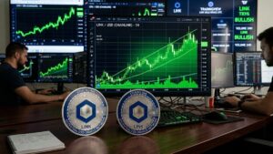 Criptomoneda Chainlink (LINK) con gráficas verdes en el fondo.