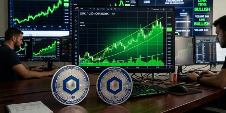 Criptomoneda Chainlink (LINK) con gráficas verdes en el fondo.