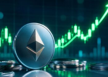 Moneda física de Ethereum con gráfica alcista de fondo.