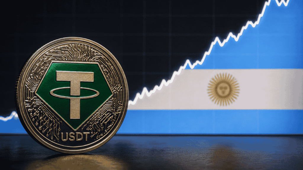 Moneda de USDT y gráfico de precios ascendente. El gráfico tiene los colores de la bandera argentina.