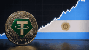 Moneda de USDT y gráfico de precios ascendente. El gráfico tiene los colores de la bandera argentina.