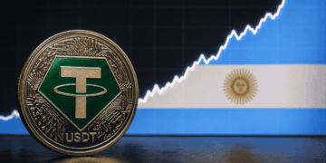 Moneda de USDT y gráfico de precios ascendente. El gráfico tiene los colores de la bandera argentina.