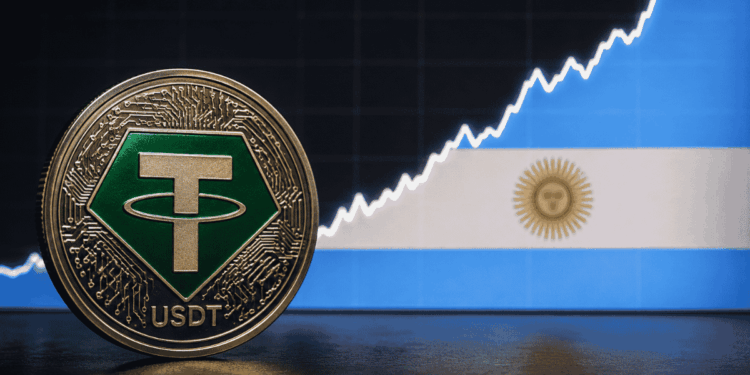 Moneda de USDT y gráfico de precios ascendente. El gráfico tiene los colores de la bandera argentina.