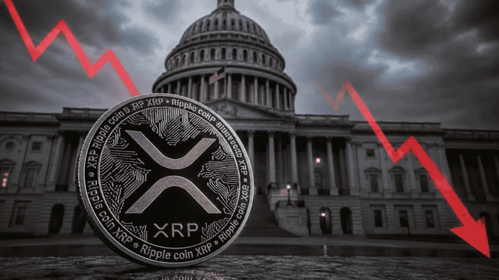 Moneda de XRP con flecha roja hacia abajo. Senado de Estados Unidos.