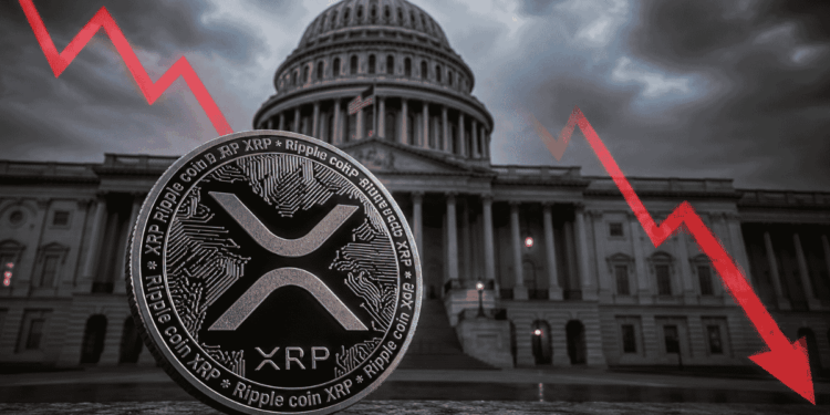 Moneda de XRP con flecha roja hacia abajo. Senado de Estados Unidos.
