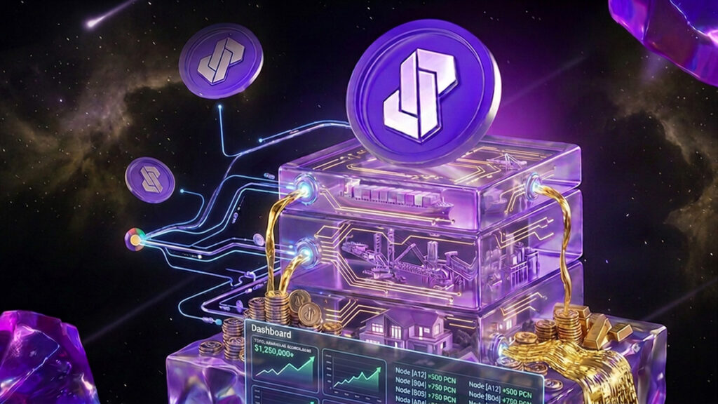 Tokens 8Lends conectados con nodos a bloques de proyectos on-chain de economía real, generando ganancias. En la parte inferior un dashboard mostrando las ganancias.