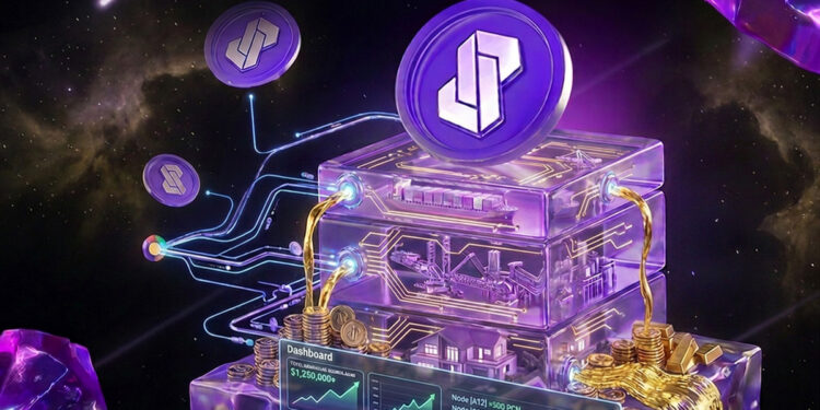 Tokens 8Lends conectados con nodos a bloques de proyectos on-chain de economía real, generando ganancias. En la parte inferior un dashboard mostrando las ganancias.