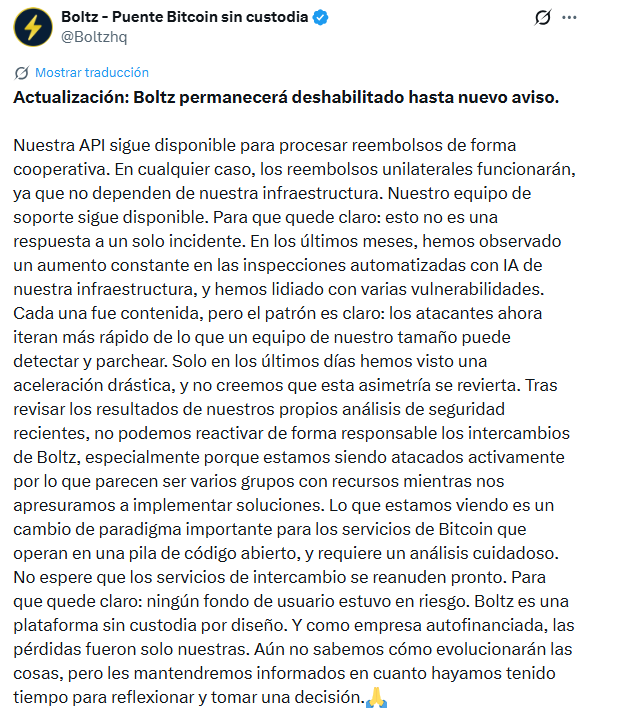 Publicación de Boltz en X. Traducción automática por Google.
