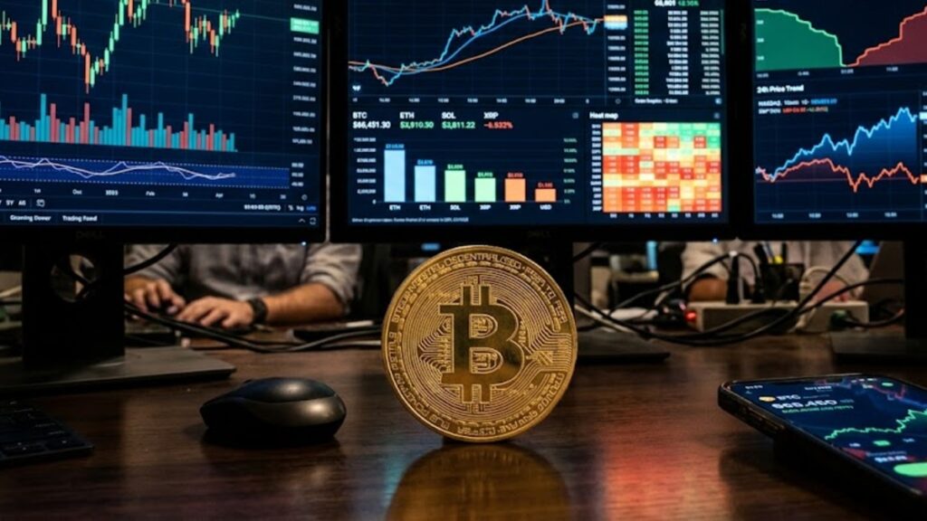 Moneda física de bitcoin con gráficas de mercado mixtas en el fondo.