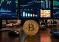 Moneda física de bitcoin con gráficas de mercado mixtas en el fondo.