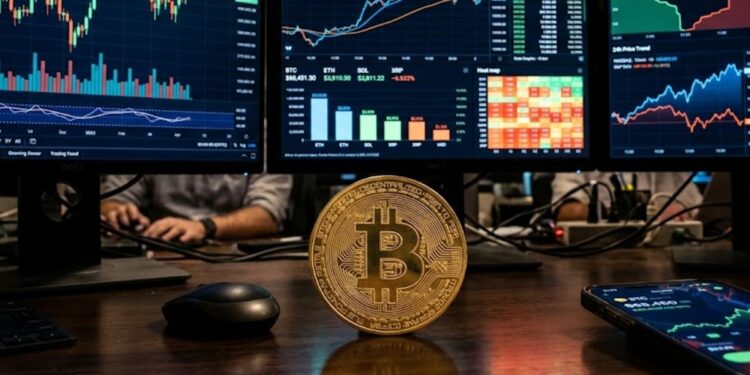 Moneda física de bitcoin con gráficas de mercado mixtas en el fondo.