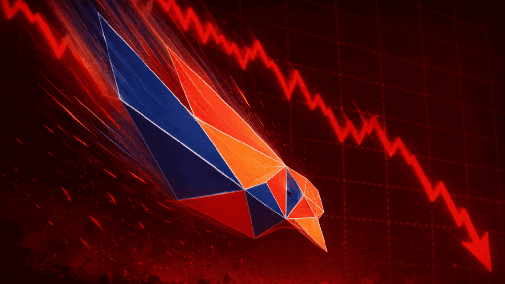 Logo de ravencoin (pájaro) cayendo. Flecha roja hacia abajo.