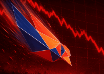 Logo de ravencoin (pájaro) cayendo. Flecha roja hacia abajo.