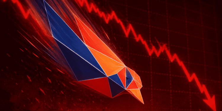 Logo de ravencoin (pájaro) cayendo. Flecha roja hacia abajo.