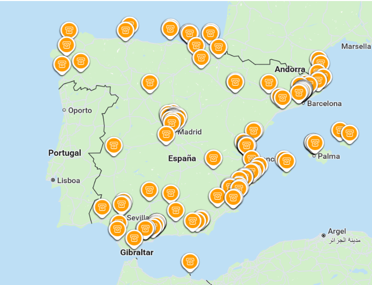Mapa con la red de cajeros de Bitbase en España.