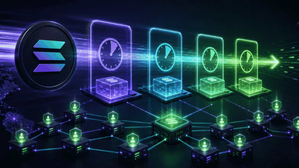 Imagen conceptual que ilustra la reducción del tiempo de slots en Solana.