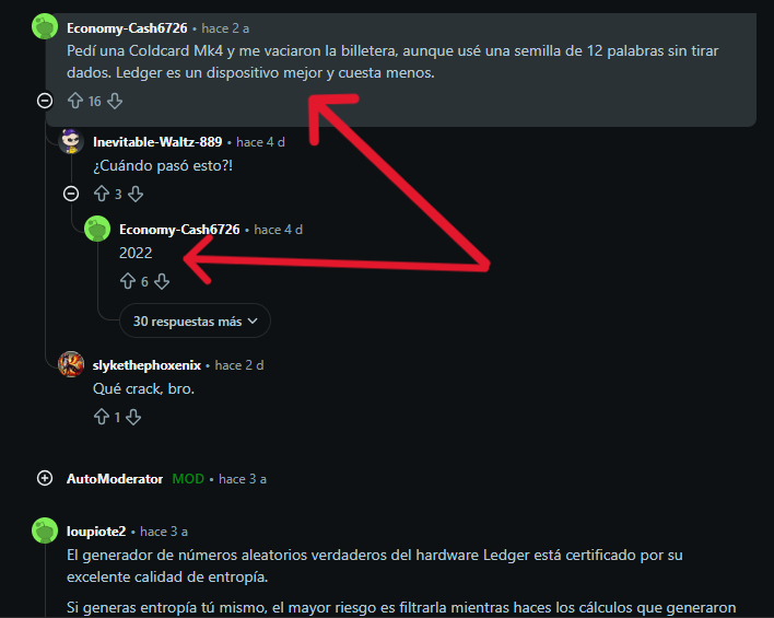 Publicación de Reddit sobre un fallo de wallets Coldcard en 2022.