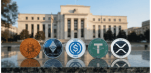 Un banco y las principales criptomonedas.
