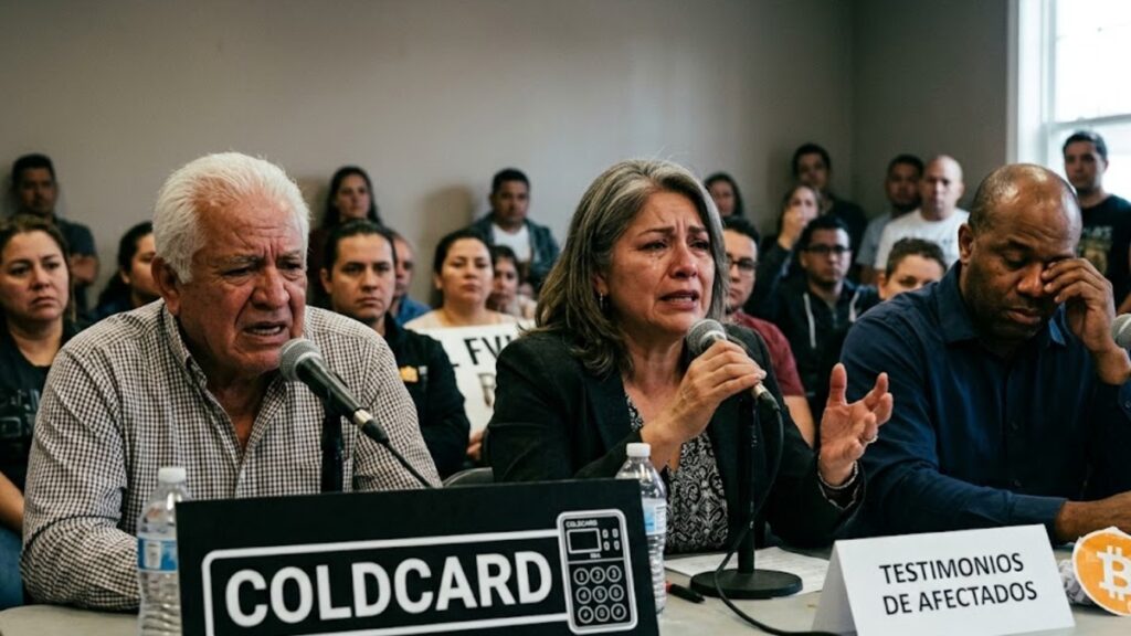 Personas dando testimonios molestas y tristes, con bitcoin alrededor y el logo de Coldcard.
