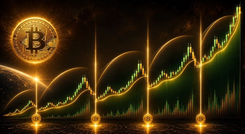 Gráfico ilustrativo de los ciclos de precio de Bitcoin después de cada halving, mostrando las distintas etapas de crecimiento y las subidas históricas de BTC tras la reducción de la emisión.