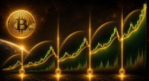 Gráfico ilustrativo de los ciclos de precio de Bitcoin después de cada halving, mostrando las distintas etapas de crecimiento y las subidas históricas de BTC tras la reducción de la emisión.