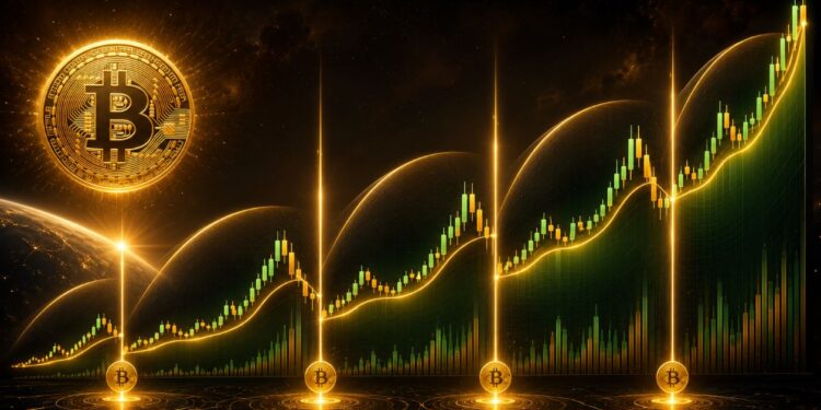 Gráfico ilustrativo de los ciclos de precio de Bitcoin después de cada halving, mostrando las distintas etapas de crecimiento y las subidas históricas de BTC tras la reducción de la emisión.