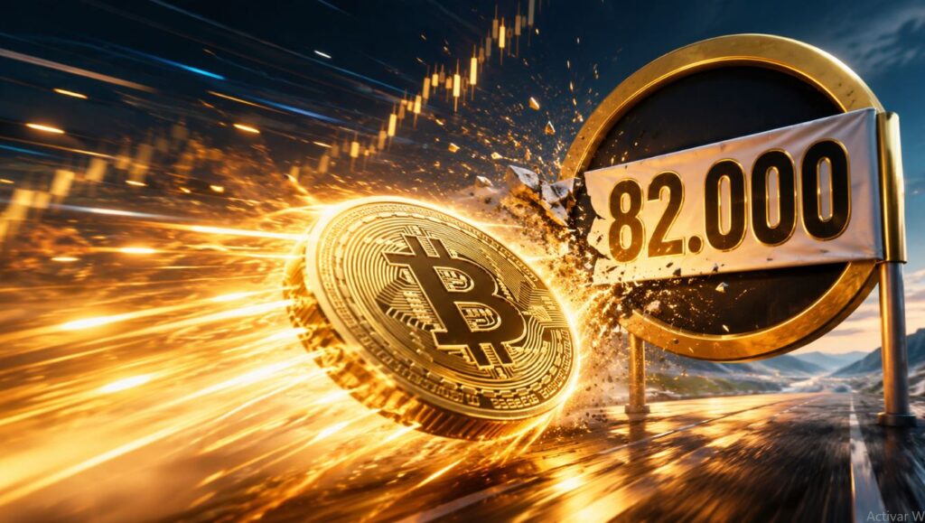 Una moneda física de bitcoin se estrella a toda velocidad contra una barrera de 82.000.