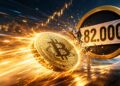 Una moneda física de bitcoin se estrella a toda velocidad contra una barrera de 82.000.