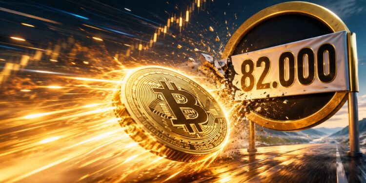 Una moneda física de bitcoin se estrella a toda velocidad contra una barrera de 82.000.