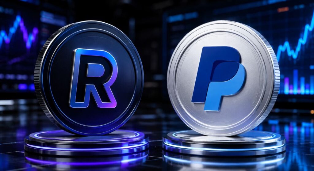 Una moneda física con el logo de Revolut junto a otra de PayPal USD