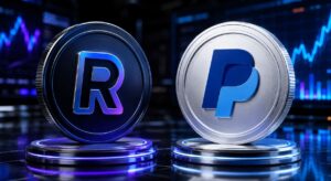 Una moneda física con el logo de Revolut junto a otra de PayPal USD