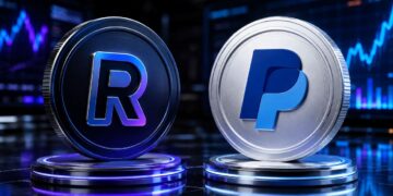 Una moneda física con el logo de Revolut junto a otra de PayPal USD
