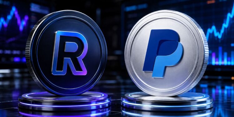 Una moneda física con el logo de Revolut junto a otra de PayPal USD