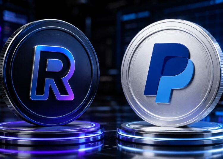Una moneda física con el logo de Revolut junto a otra de PayPal USD