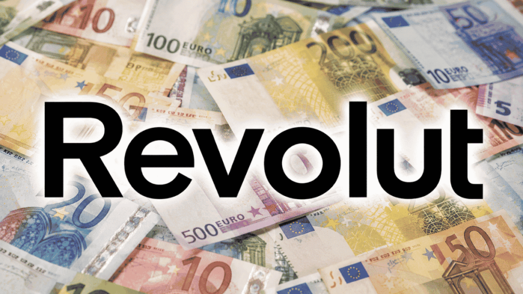 Primer plano: logo de Revolut. Fondo: billetes de euro.