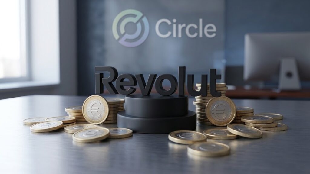 Logo de Revolut, con monedas que tengan el logo del euro, y el logo de Circle atrás.