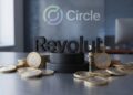 Logo de Revolut, con monedas que tengan el logo del euro, y el logo de Circle atrás.