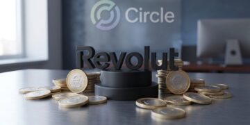 Logo de Revolut, con monedas que tengan el logo del euro, y el logo de Circle atrás.