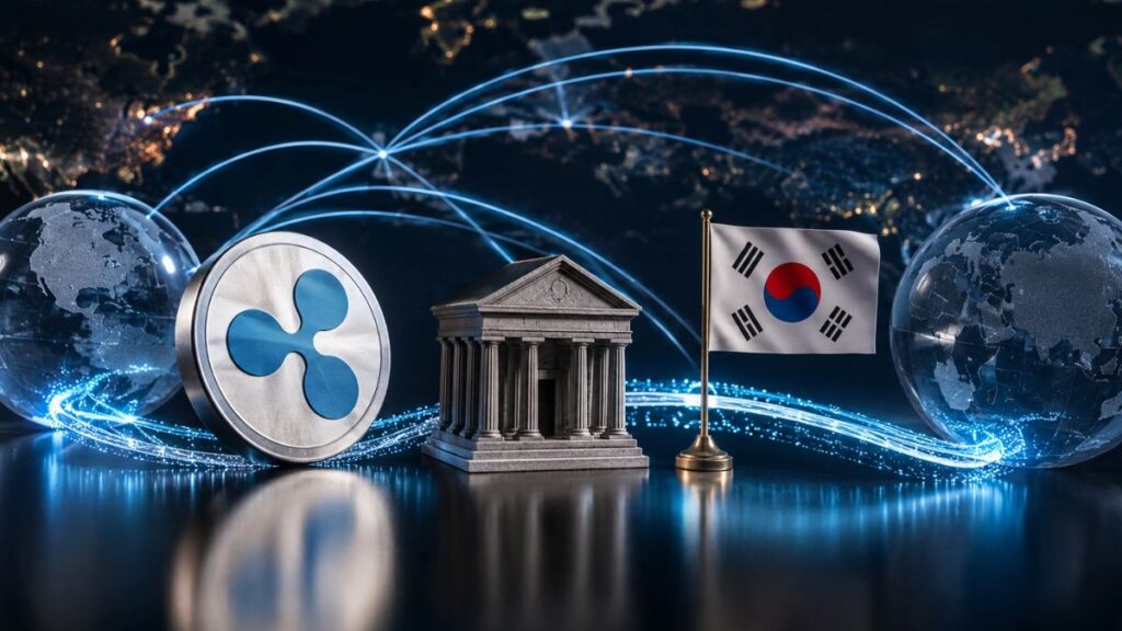 Moneda del logo de Ripple junto a la maqueta de un banco y la bandera de Corea del Sur sobre un fondo digital de conexiones globales.