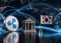 Moneda del logo de Ripple junto a la maqueta de un banco y la bandera de Corea del Sur sobre un fondo digital de conexiones globales.
