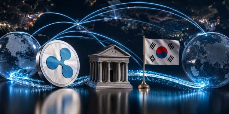 Moneda del logo de Ripple junto a la maqueta de un banco y la bandera de Corea del Sur sobre un fondo digital de conexiones globales.