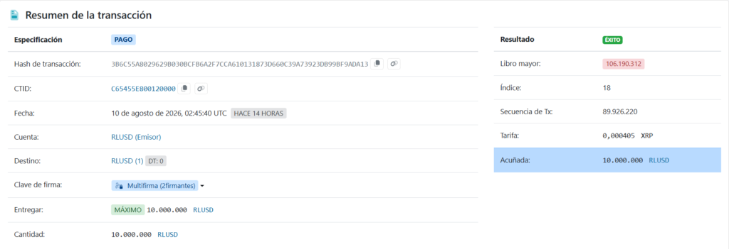 Captura de pantalla de una transacción en XRP Ledger que confirma la emisión de 10 millones de RLUSD.