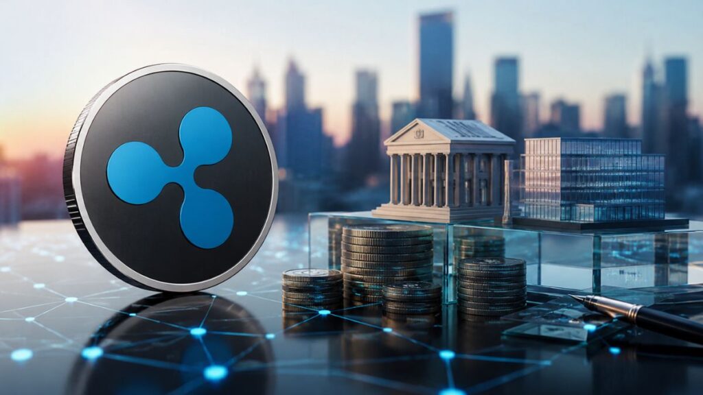 Moneda de Ripple XRP junto a maquetas de instituciones financieras y apilamiento de monedas sobre fondo de ciudad.