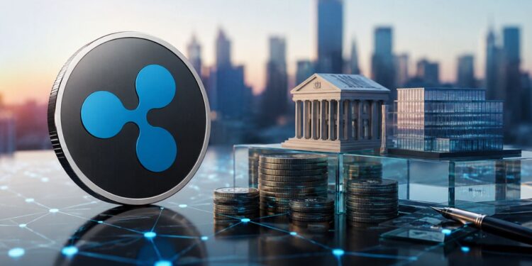 Moneda de Ripple XRP junto a maquetas de instituciones financieras y apilamiento de monedas sobre fondo de ciudad.