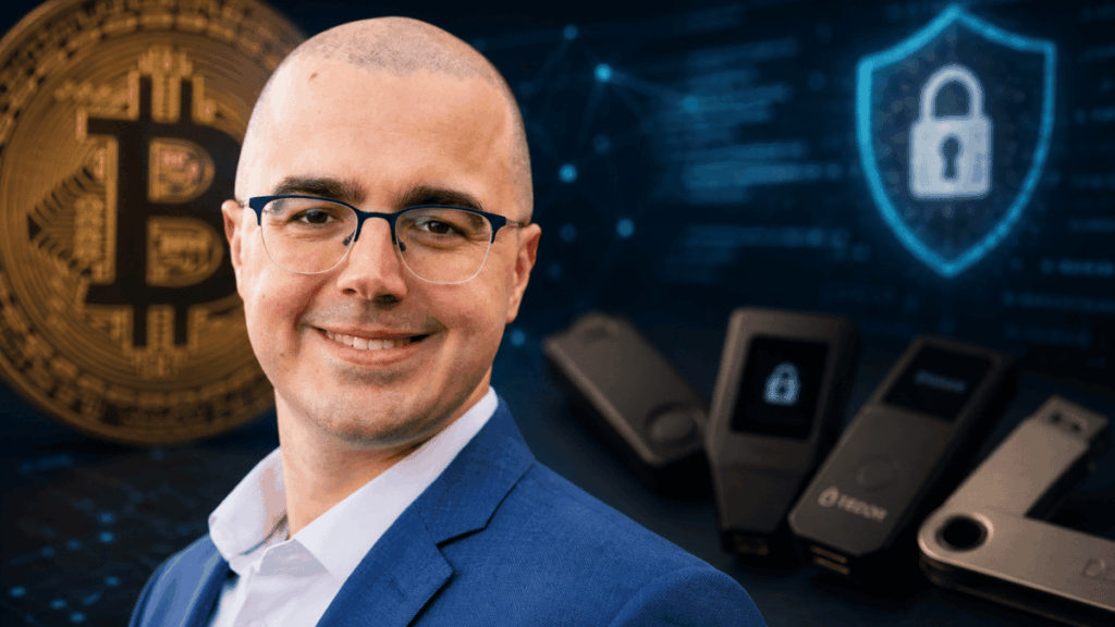 Primer plano: Rob Hamilton. Fondo: moneda física de bitcoin, fotos de hardware wallets.