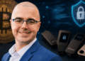 Primer plano: Rob Hamilton. Fondo: moneda física de bitcoin, fotos de hardware wallets.