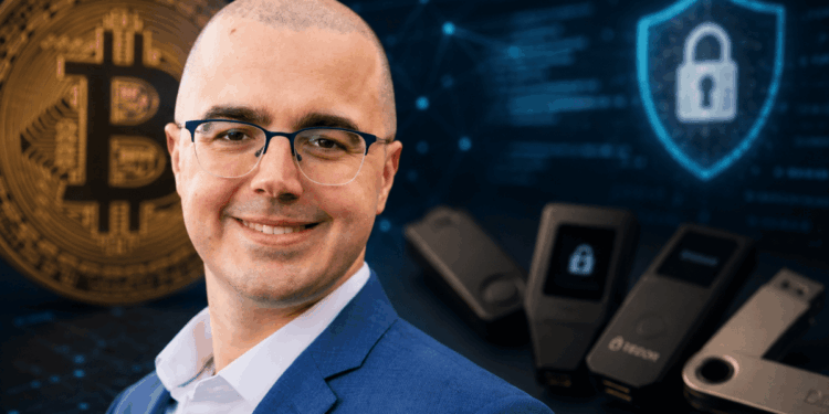Primer plano: Rob Hamilton. Fondo: moneda física de bitcoin, fotos de hardware wallets.