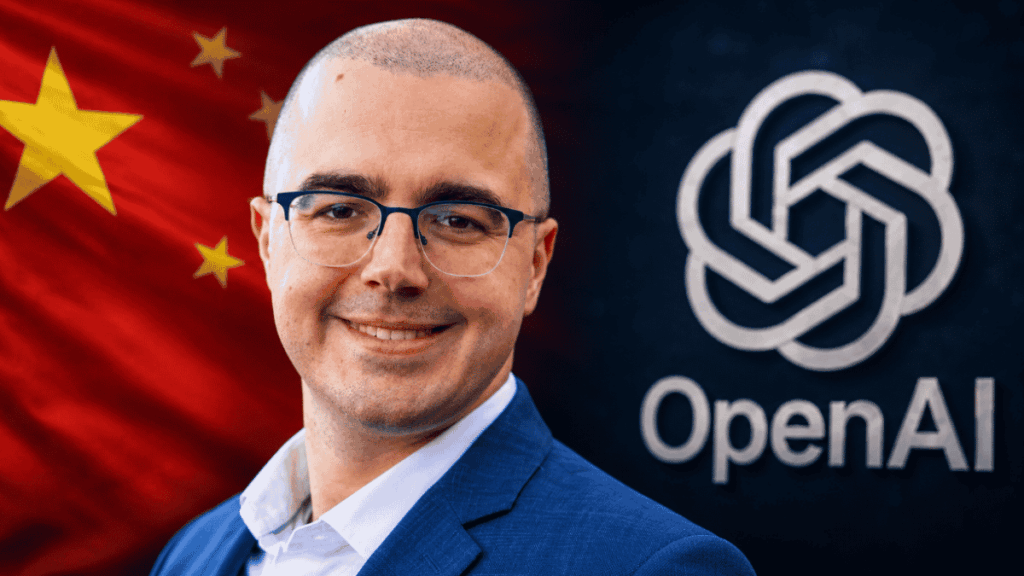 Primer plano: Rob Hamilton. Fondo: bandera de China y logo de OpenAI.